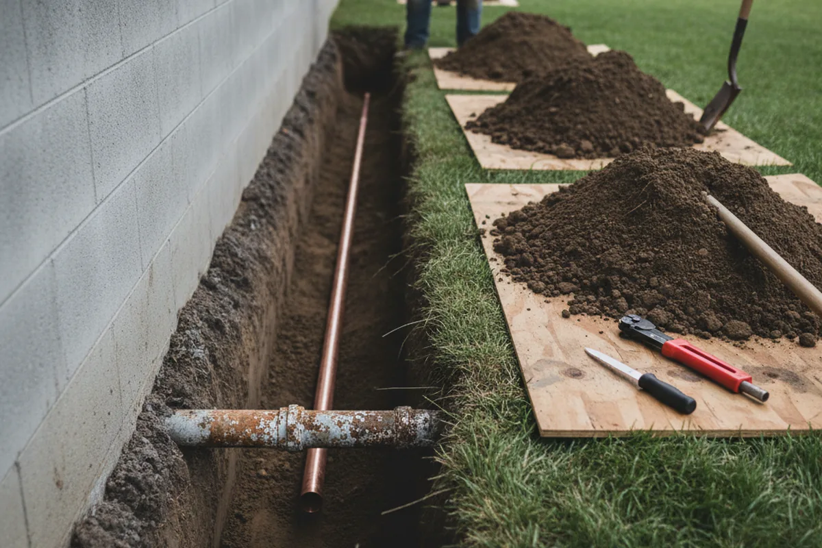 Excavated water line trench during Water Softener Installation in Miles
